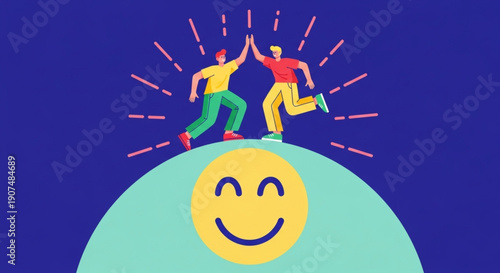 International Day of Happiness two energetic individuals celebrating success with a high-five, standing proudly on a giant smiling face, symbolizing shared achievement and immense happiness