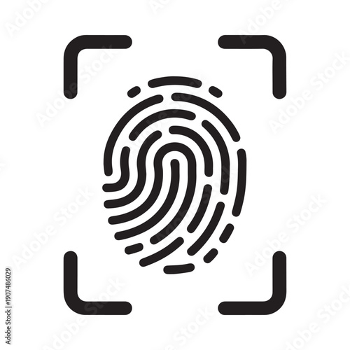 A black fingerprint icon centered within a square focus or camera frame