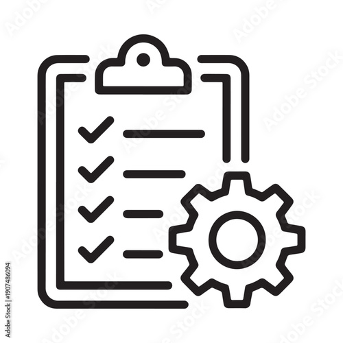 Line art illustration of a clipboard with checklist and gear symbol