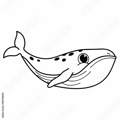 Cartoon whale illustration, black and white whale drawing