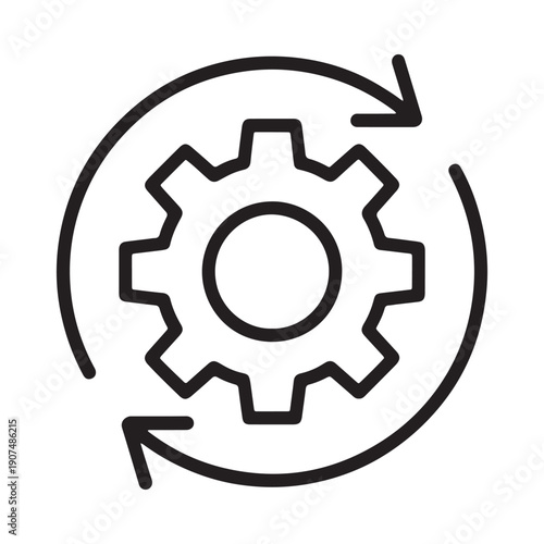 Black outline of a gear surrounded by a circular arrow symbolizing process