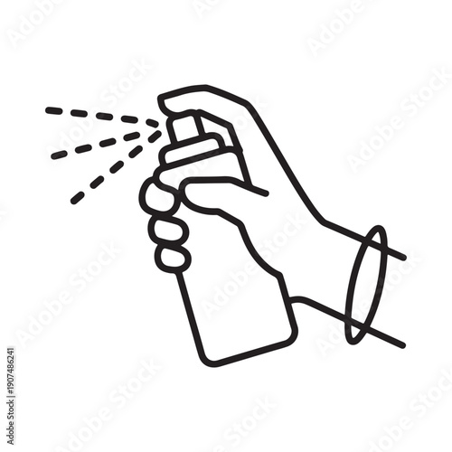 Hand holding and spraying a bottle shown in a simple line art style