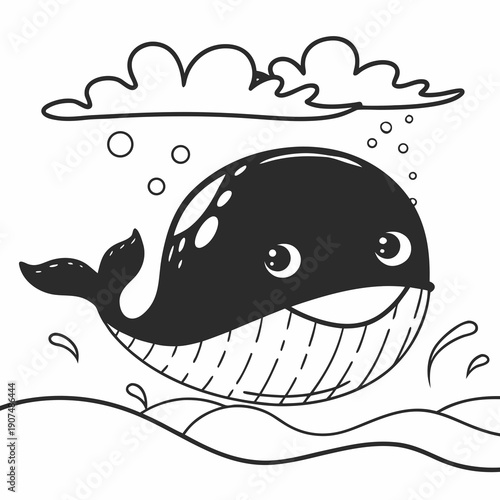 Black and white whale illustration, cartoon ocean mammal