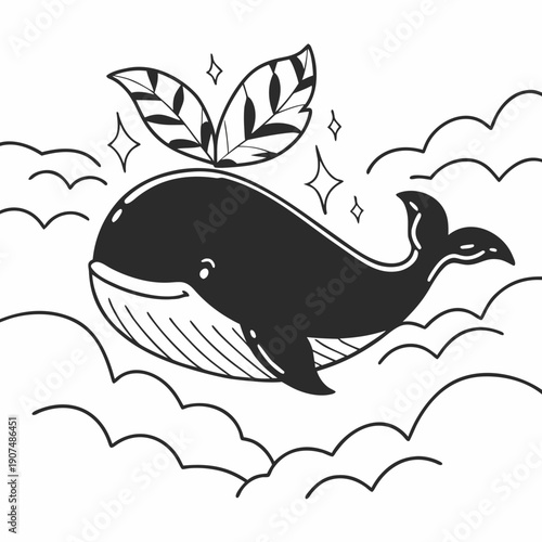 Black and White Whale Illustration with Leaves and Clouds