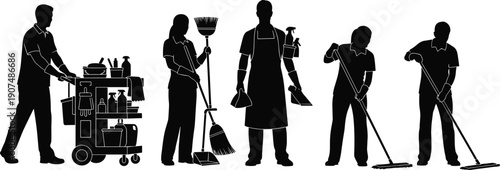 Black Silhouettes of Professional Cleaning Staff Set Featuring Janitors with Mop Broom and Service Cart Isolated on White Background for Commercial Maintenance and Sanitation Services