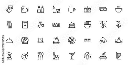 Restaurant icon set. Vector illustration pack featuring reservation, menu, chef, wine, sushi, steak, coffee, cake and more dining symbols. Editable stroke.