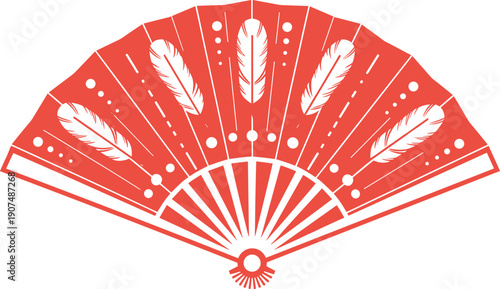 Traditional oriental handheld folding fan illustration with elegant feather pattern and decorative dots isolated on white background for cultural fashion and summer cooling design