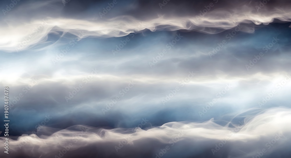 Obraz premium Abstract composition of luminous, flowing smoke or clouds, creating a serene, horizontal panorama of light and shadow, ethereal and dreamlike.