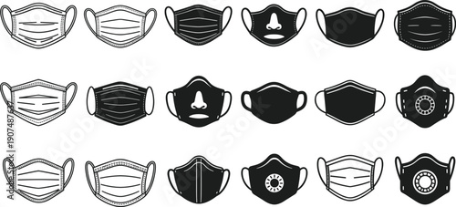 Set of medical face mask icons in line and silhouette style, protective surgical masks, N95 respirators, and fabric face covers for health and safety design.