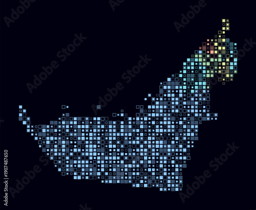 United Arab Emirates, shape of the country build of colored cells. Digital style map of the United Arab Emirates on dark background. Small size square blocks. Trending vector illustration.