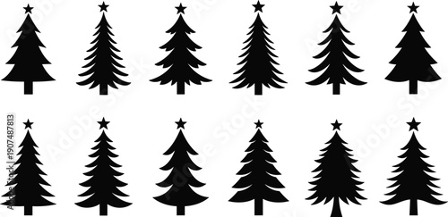 A black silhouette collection of twelve different Christmas tree shapes featuring traditional pine and fir designs with stars on top isolated on white.