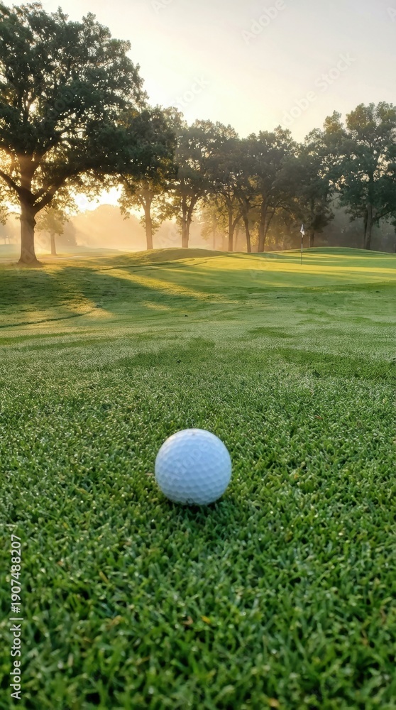 Fototapeta premium Golf ball on green course at sunrise nature photography tranquil landscape close-up view