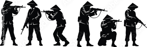 A black silhouette collection of historical soldiers wearing conical hats and holding rifles in various combat and standing poses on a white background.