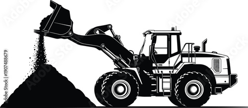 A black and white vector silhouette of a heavy duty industrial front loader tractor dumping a load of sand on a white background.