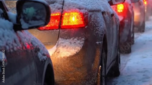 Commuter cars stuck in heavy traffic during snowy winter blizzard at dusk