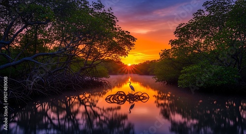 Vibrant Sunset Over Mangrove Forest River with Bird Silhouette and Reflections.