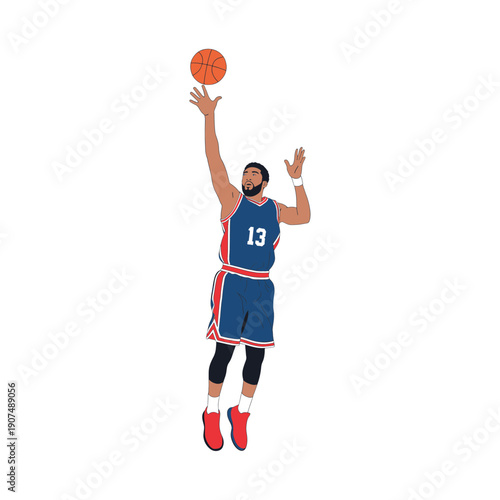 Basketball Player Character Illustration with Number 13 Jumping for Rebound Catch