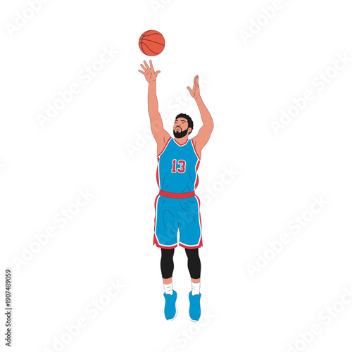 Basketball Player Character Illustration with Number 13 Jumping for Rebound Catch