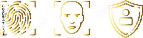 Biometric Security Icons Set with Fingerprint, Face Recognition and Shield in Golden Line Style