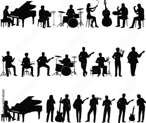 Collection of musician silhouettes playing various instruments including piano, drums, guitar, cello, and trumpet in different settings