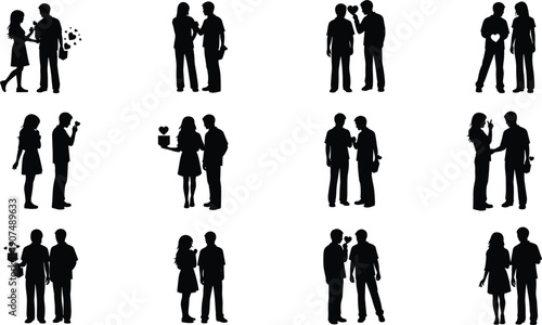 Collection of diverse couple silhouettes in various romantic poses holding hands and gifts symbolizing love affection and relationship milestones