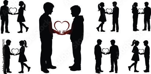 Collection of silhouettes of couples of different ages and genders holding a heart symbol, showcasing various relationship dynamics