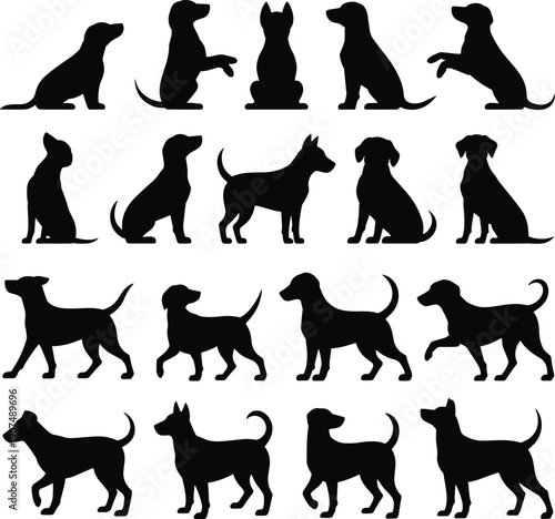 Diverse collection of dog silhouettes in various poses and breeds showcasing canine forms and playful stances against a clean white backdrop