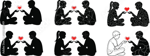 Diverse silhouettes of couples sharing a red heart symbol representing love and connection in various artistic styles