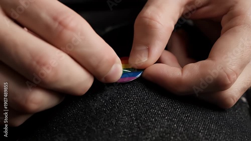 Close Up Of Hands Attaching Pride Button To Dark Clothing Featuring Rainbow Flag Symbolizing Lgbtq Community Advocacy
