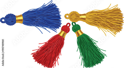 Colorful decorative silk tassels with gold metallic caps set in blue red green and yellow isolated on white background for fashion and decor, vector illustration.