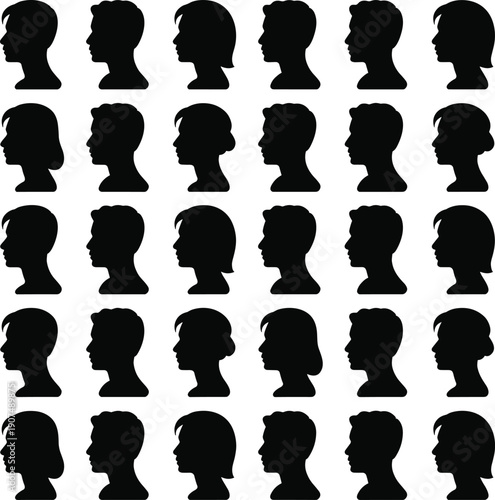 Grid of thirty-five black and white silhouette profile portraits of diverse men and women faces silhouettes
