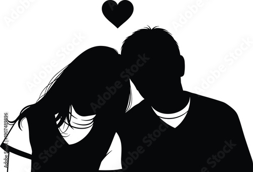 Intimate silhouette of a couple embracing with heads touching and a heart above signifying profound love and romantic connection in a tender moment