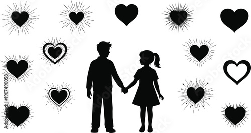 Silhouette of a couple holding hands, surrounded by various stylized heart shapes with radiating lines, symbolizing love and affection