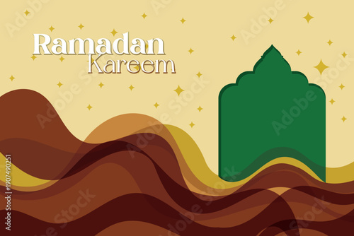 Ramadan Kareem abstract wavy background with Islamic arch symbol and stars for greeting and celebration