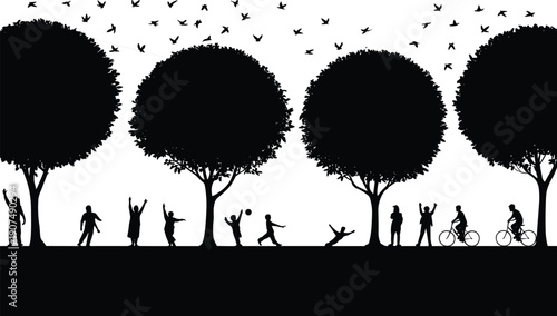 Silhouette of a park scene with large trees, flying birds, and people engaged in various outdoor activities like playing and cycling