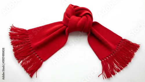 Red scarf with tassels on white background fringed knotted