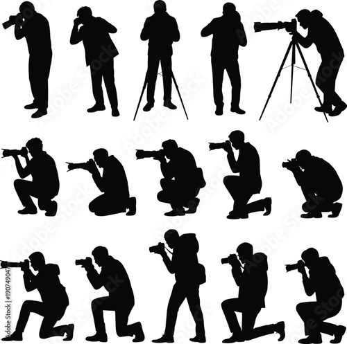 Silhouettes of photographers in action, using cameras and tripods in various crouching and standing positions, capturing moments