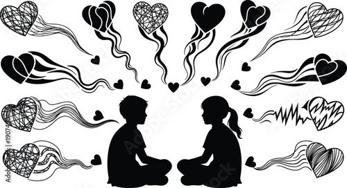 Silhouettes of two children sitting facing each other surrounded by abstract heart shapes with flowing ribbons and soundwave patterns