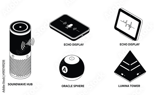 Smart home devices collection with voice assistants and digital display screens in isometric view