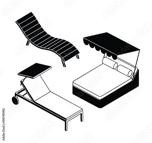Beach lounge chairs and sunbed set in isometric black and white silhouette and outline