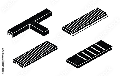 Black isometric floor drainage grates and industrial ventilation grill elements for architecture