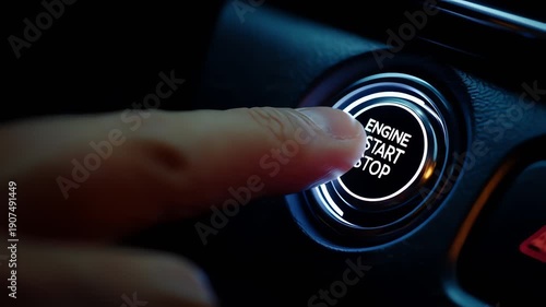 A close-up shot of a person's finger pressing the illuminated engine start stop button in a modern car's dashboard.