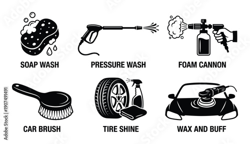 Car washing services icons for detailing and cleaning