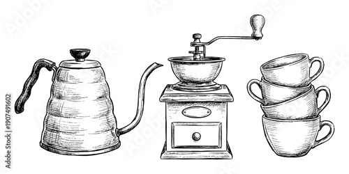 Coffee brewing equipment set with manual grinder kettle and stacked ceramic cups