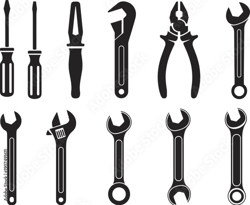Hand tool silhouettes set including screwdriver wrench pliers and spanner black vector illustration isolated on white background repair kit