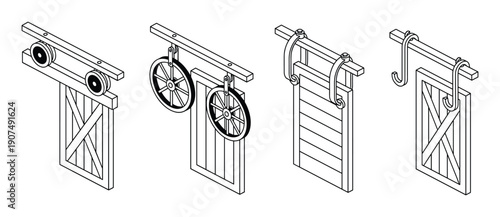 Collection of barn doors with hanging mechanisms in isometric view