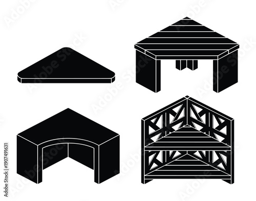 Collection of black isometric architectural structures and shelters