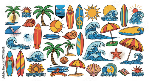 Collection of vintage outdoor adventure camping stickers, badges with tents, mountains, campfires, and explorer typography on a bright studio background, inspiring travel and freedom.