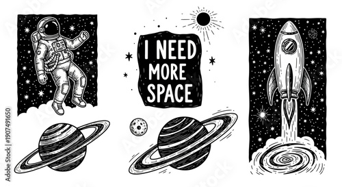 Collection of vintage outdoor adventure camping stickers, badges with tents, mountains, campfires, and explorer typography on a bright studio background, inspiring travel and freedom.