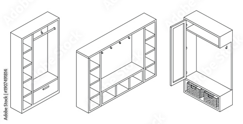 Collection of minimalist wardrobe storage systems with shelves and hanging rods in isometric view